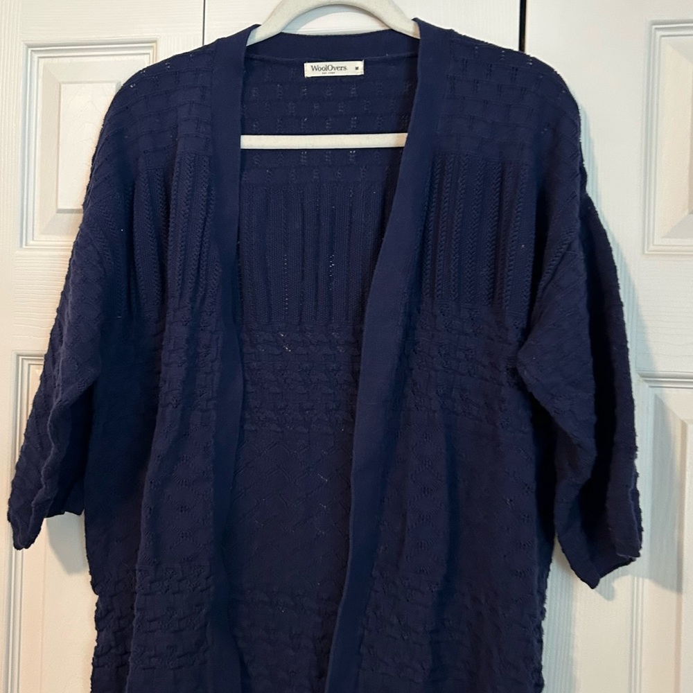 WoolOvers Open Front Navy Cardigan Short Sleeve Oversized 100% Cotton Sz Medium - Picture 2 of 8